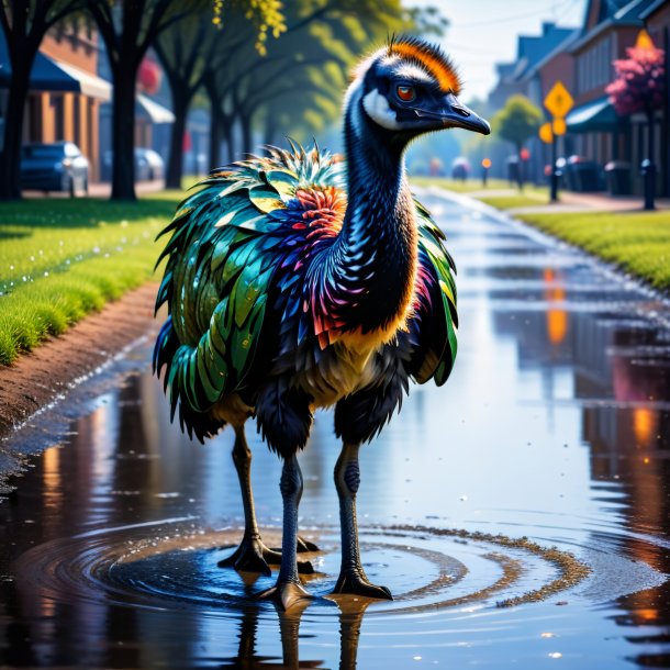 Picture of a emu in a jacket in the puddle