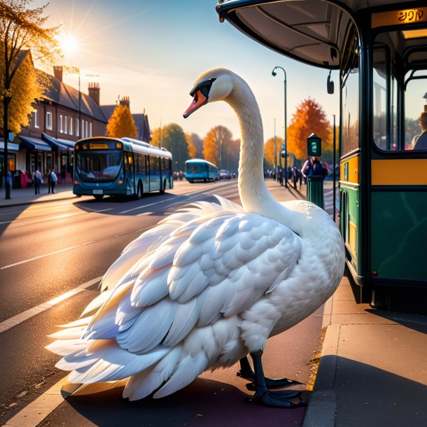 Foto de um cisne em um vestido no ponto de ônibus