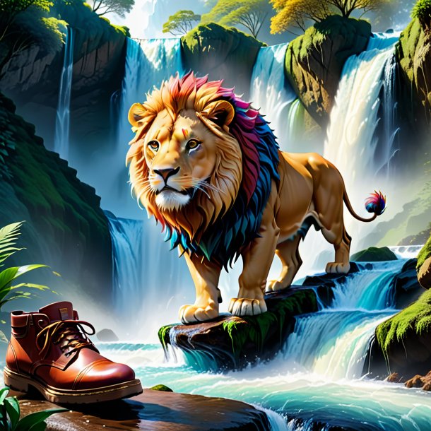 Drawing of a lion in a shoes in the waterfall