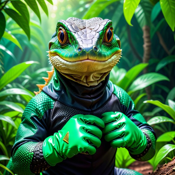 Imagen de una lagartija monitora en guantes verdes