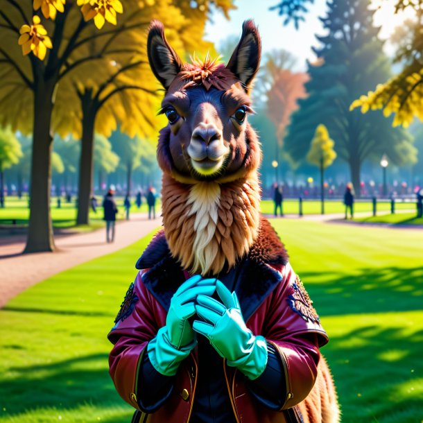 Foto de una llama en guantes en el parque