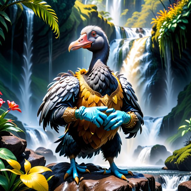 Photo of a dodo in a gloves in the waterfall