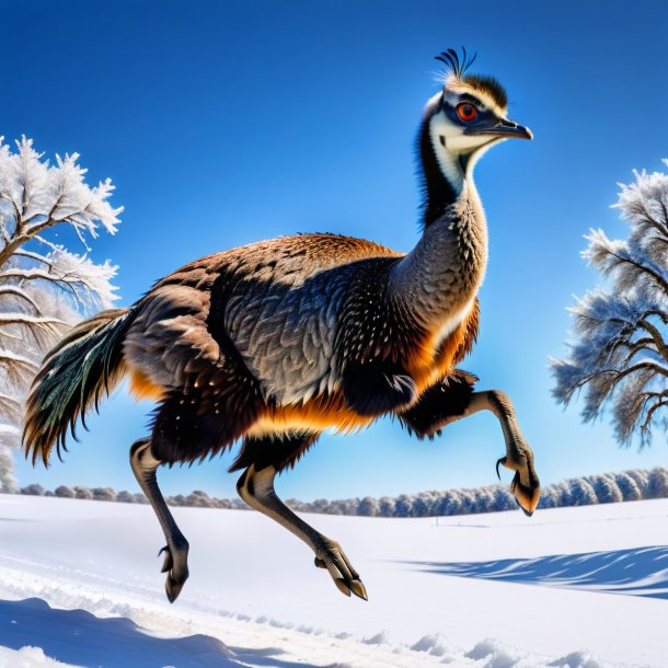 Pic of a jumping of a emu in the snow