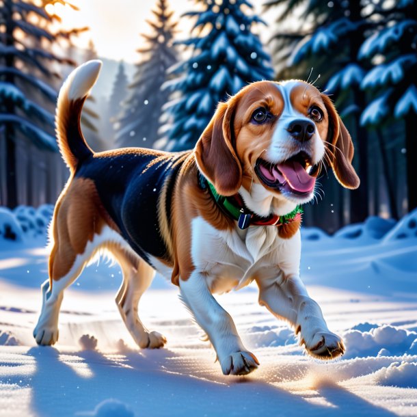 Foto de um jogo de um beagle na neve