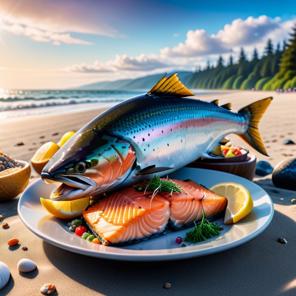 Foto de una comida de salmón en la playa