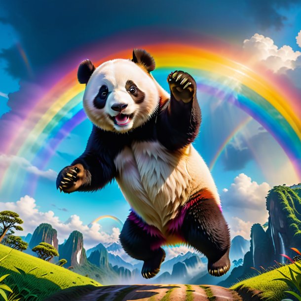 Image of a jumping of a giant panda on the rainbow