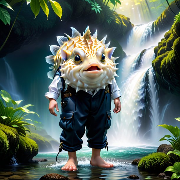 Image of a pufferfish in a trousers in the waterfall