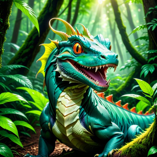 Picture of a smiling of a basilisk in the forest