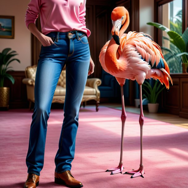 De um flamingo em um jeans na casa