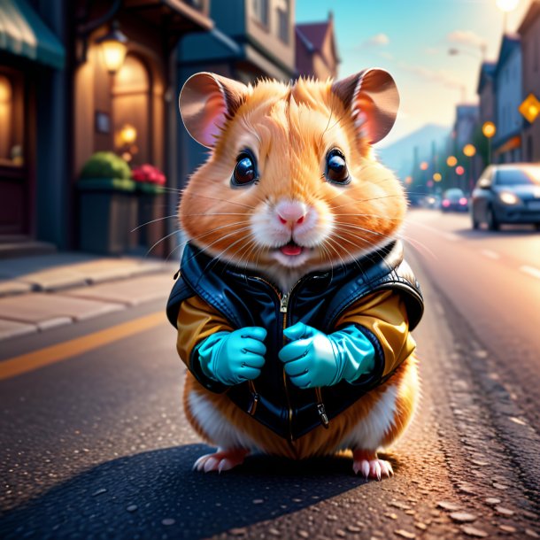 Illustration of a hamster in a gloves on the road