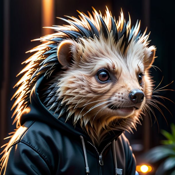 Pic of a porcupine in a black hoodie