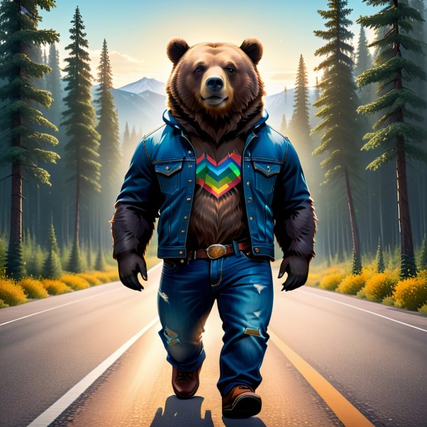 Illustration of a bear in a jeans on the road