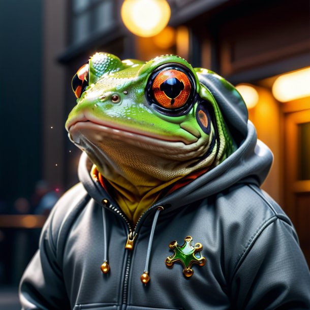 Photo of a frog in a gray hoodie