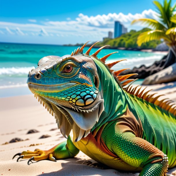 Foto de un descanso de una iguana en la playa