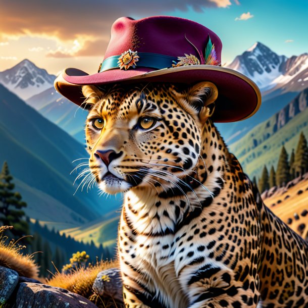 Picture of a leopard in a hat in the mountains