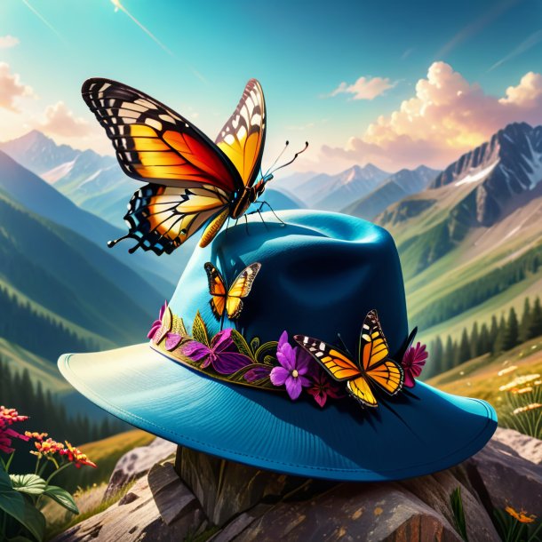 Ilustración de una mariposa en un sombrero en las montañas