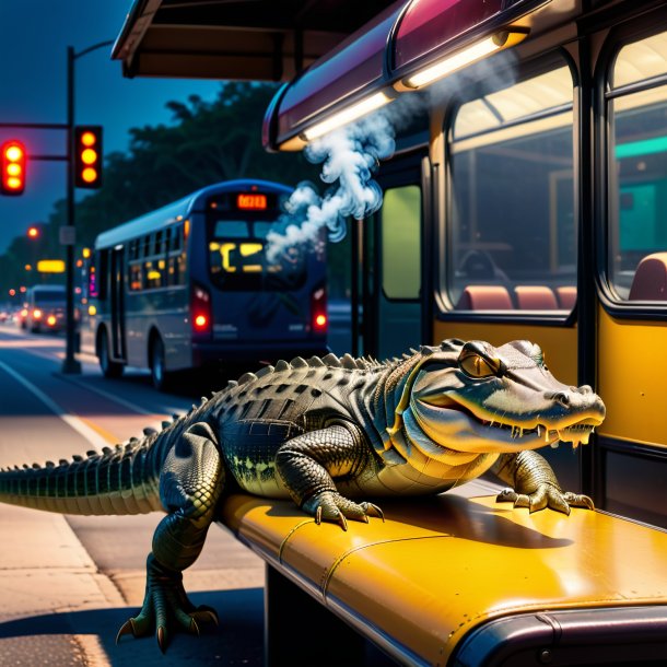 Pic of a smoking of a alligator on the bus stop