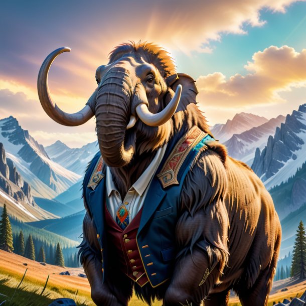 Photo of a mammoth in a vest in the mountains