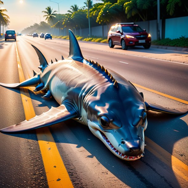 Photo of a sleeping of a hammerhead shark on the road