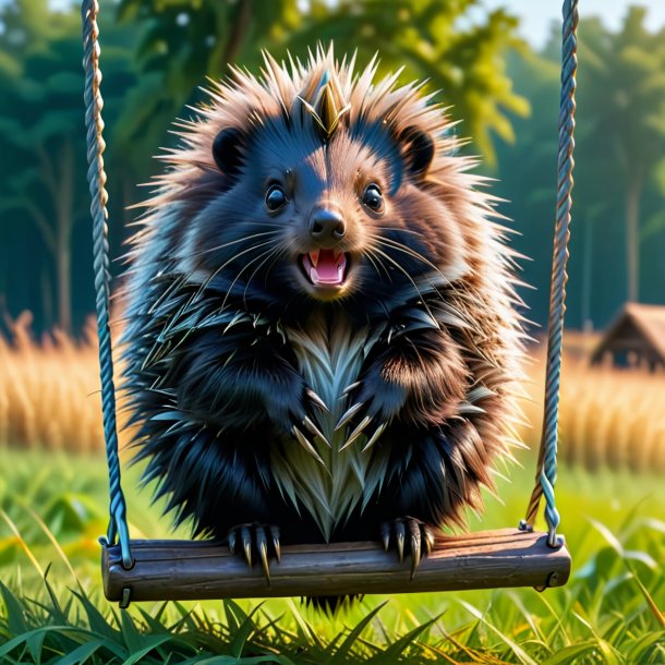 Picture of a swinging on a swing of a porcupine on the field