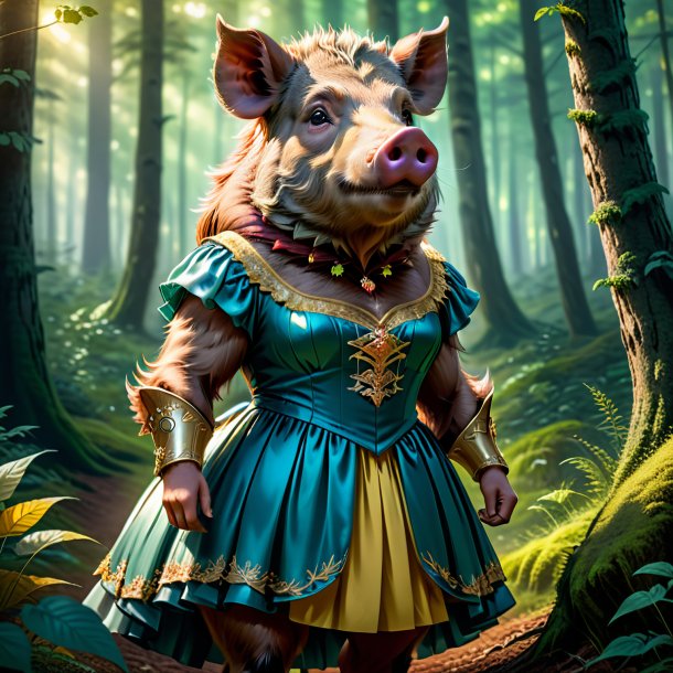 Illustration of a boar in a dress in the forest