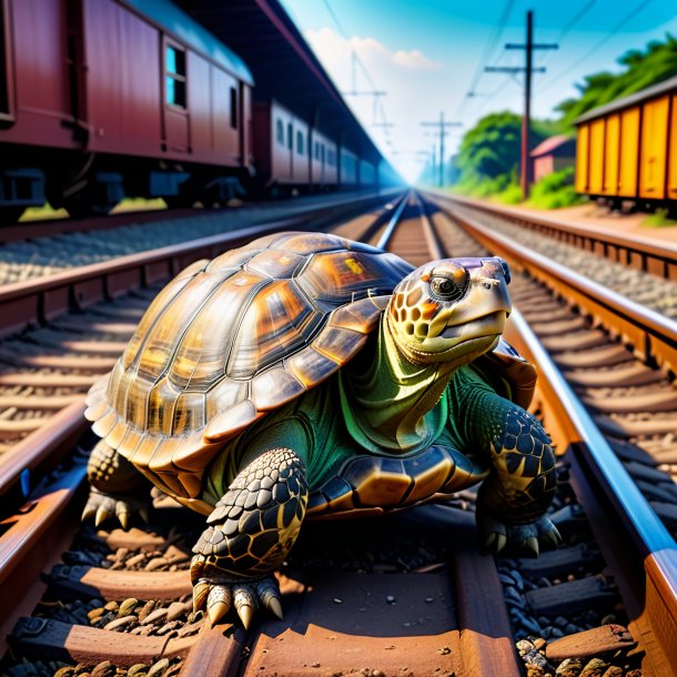 Foto de la tortuga en el cinturón sobre las vías del ferrocarril