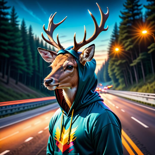 Image d'un cerf dans un sweat à capuche sur l'autoroute