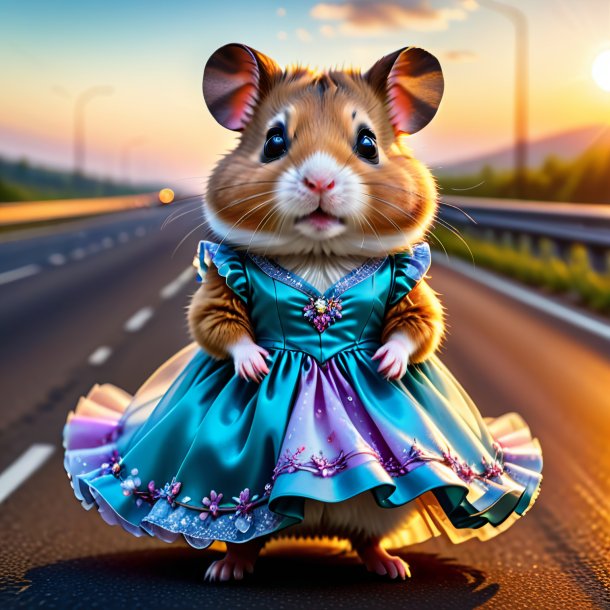 Image of a hamster in a dress on the highway