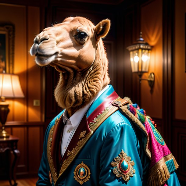 Photo of a camel in a jacket in the house