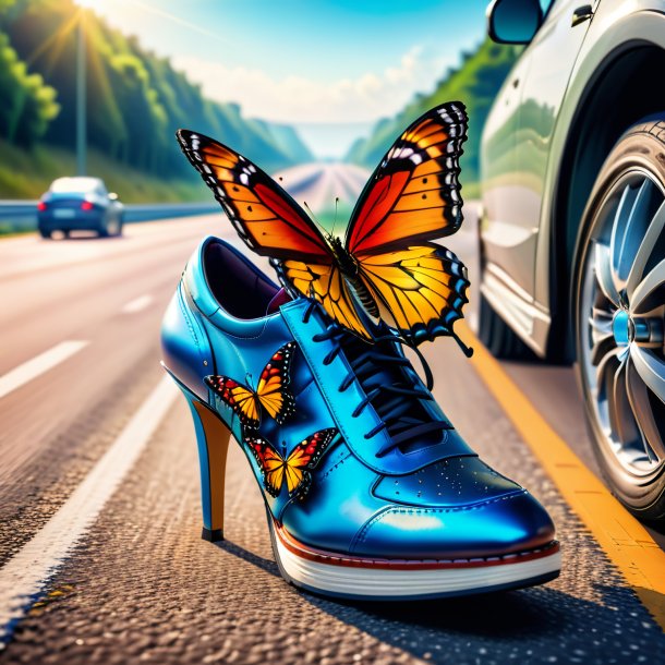 Foto de una mariposa en un zapato en la carretera