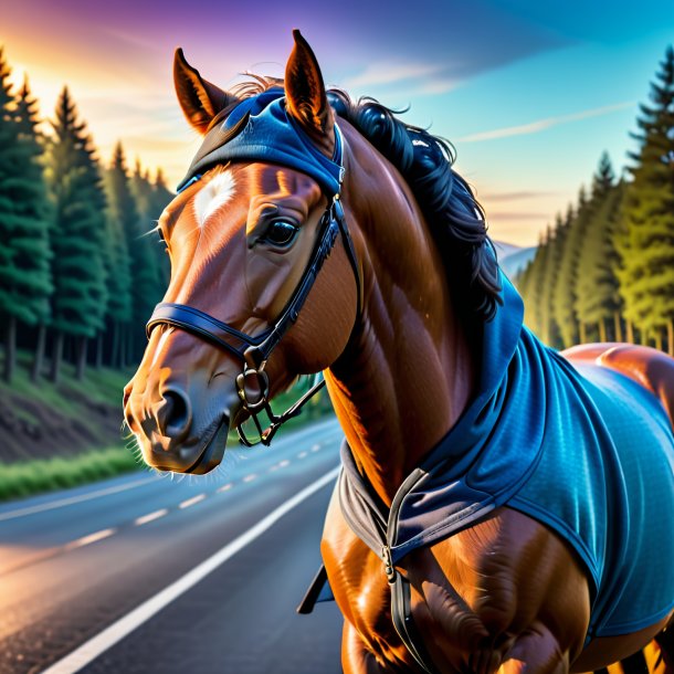 Picture of a horse in a hoodie on the road