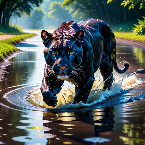 Pic of a swimming of a panther in the puddle