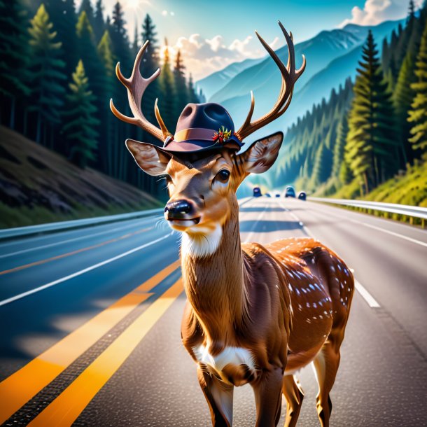 Picture of a deer in a hat on the highway