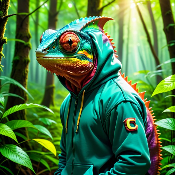 Image of a chameleon in a hoodie in the forest