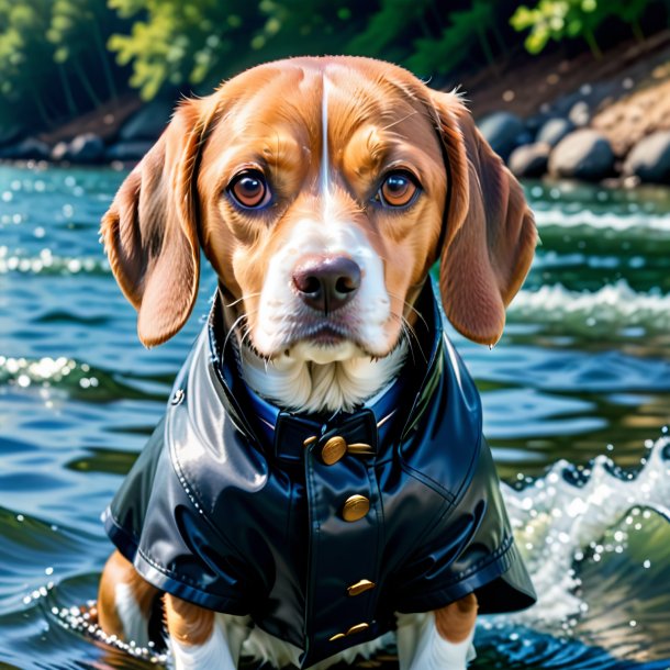 Imagem de um beagle em um casaco na água