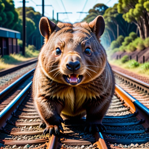 Foto de un enojado de un wombat en las vías del ferrocarril