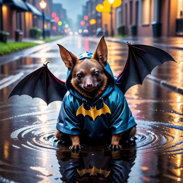 Photo of a bat in a hoodie in the puddle