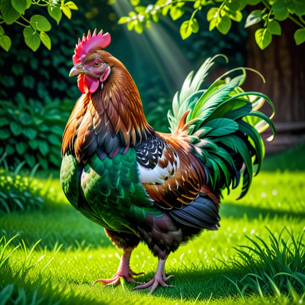 Foto de una gallina en una falda verde