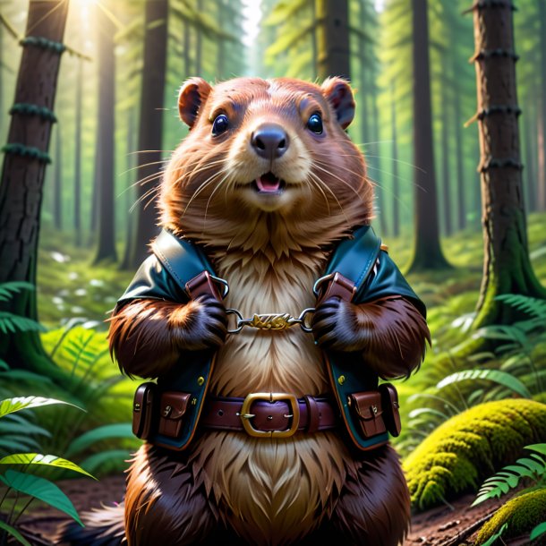 Picture of a beaver in a belt in the forest