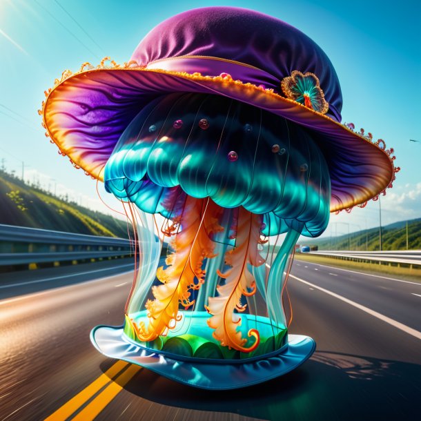 Imagen de una medusa en un sombrero en la carretera