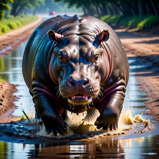 Image d'une colère d'un hippopotame dans la flaque