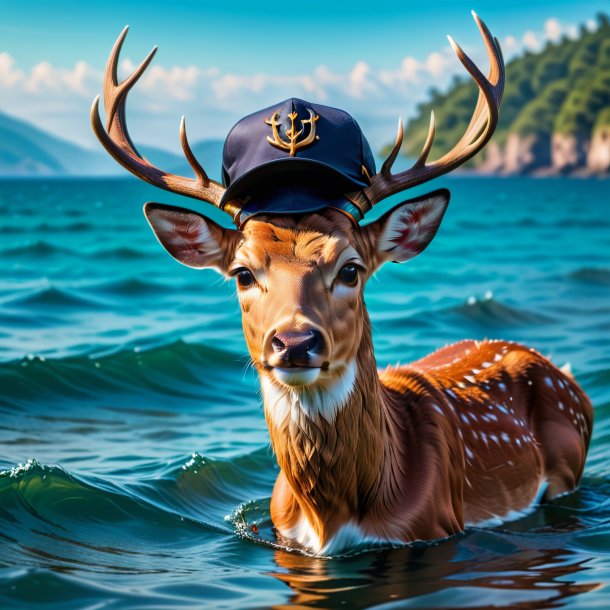 Foto de un ciervo en una gorra en el mar