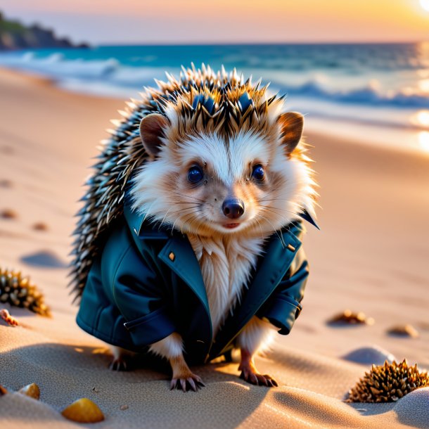 Photo of a hedgehog in a coat on the beach