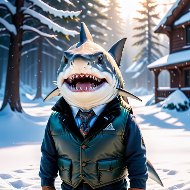 Pic of a shark in a vest in the snow