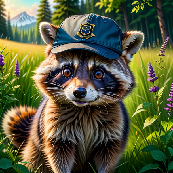 Drawing of a raccoon in a cap in the meadow