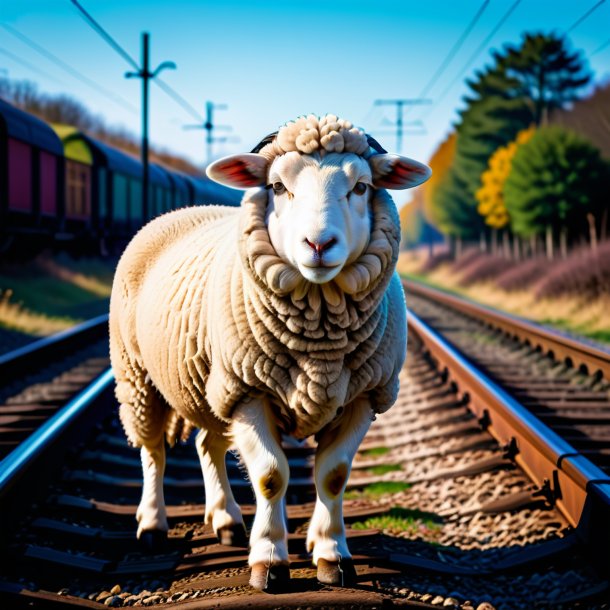 Image of a sheep in a coat on the railway tracks