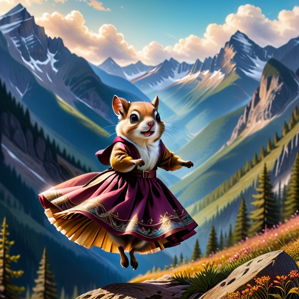 Drawing of a flying squirrel in a skirt in the mountains