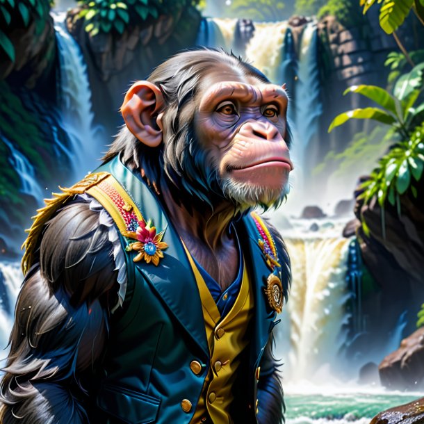 Pic of a chimpanzee in a vest in the waterfall