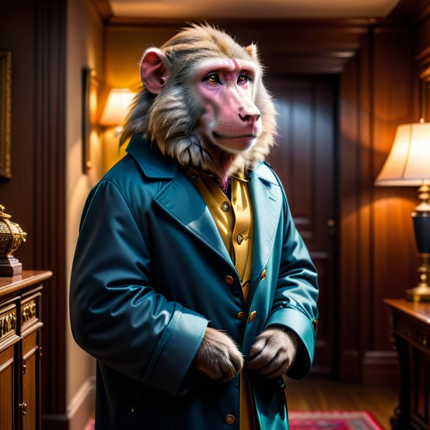 Picture of a baboon in a coat in the house