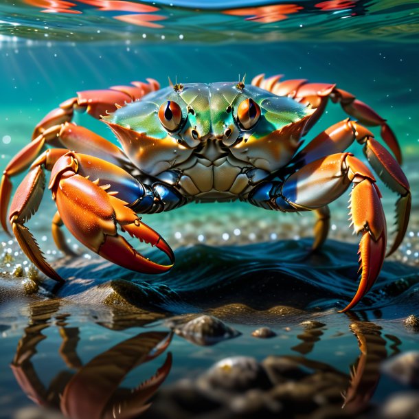 Picture of a crab in a vest in the water